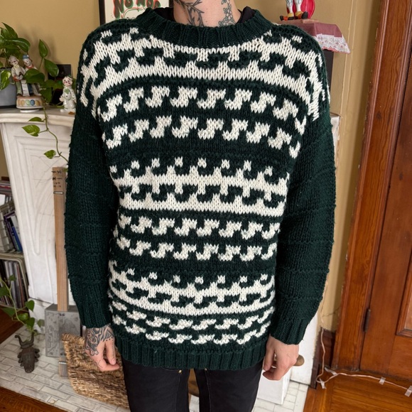 Vintage Sweaters - 💀 SOLD 💀 Vintage 80s Chunky Knit Wool Blend Green White Sweater ~ Size M